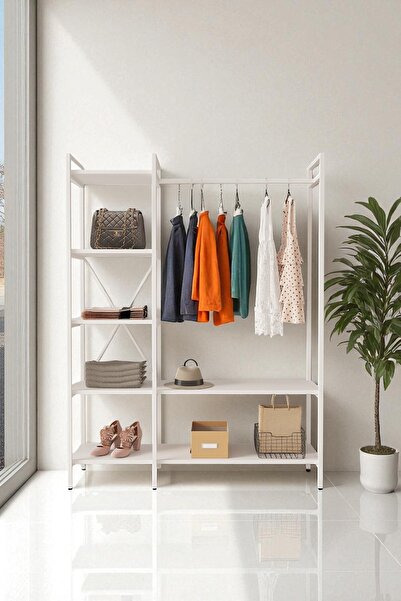 Mobitopya Nilamu Beyaz Elbise Dolabı | Metal Gövdeli Açık Askılık & Organizer Dolap 130×170×34 Cm