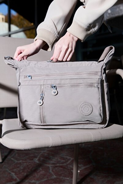 Sanmorris Women's Medium Size 7 Compartments Water Resistant Crinkle Fabric Mink Crossbody Shoulder Bag