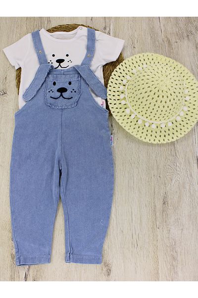 EYMİRGİYİM Straw Hat Eared Salopet Girl Boy Baby Child 3-Piece Set 6-9 Months, 9-12 Months, 12-18 Months, 18-24 Months