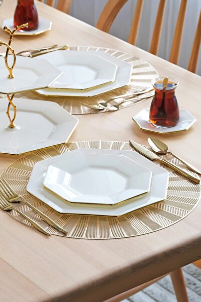 Glore Octagonal Cream Gold Gilt Glass Cake Plate Set for 6 Persons