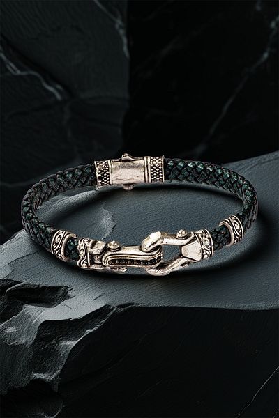 OSMANLI GÜMÜŞ Silver Detailed Black Men's Bracelet with Anchor Lock – Braided Leather Design, Ethnic Texture