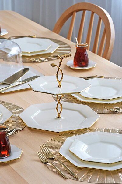 Glore Octagon Cream Gold Gilded 34 Piece Cake Serving Set for 6 People