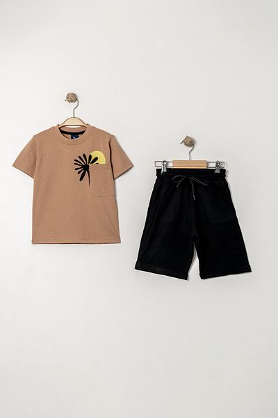 e-çocuk Boy's Palm Sun Back Front Printed Muslin Shorts Suit - 60299