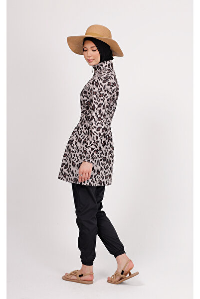 GAVLİA Nuu Leopard Patterned Hijab Swimsuit Set (Top + Pants + Bag) – Set of 3 with Parachute Pants