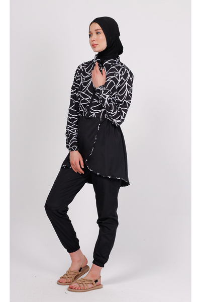 GAVLİA طقم ملابس سباحة حجاب بنمط هندسي من رونا - طقم مكون من 4 قطع مع بنطلون ...