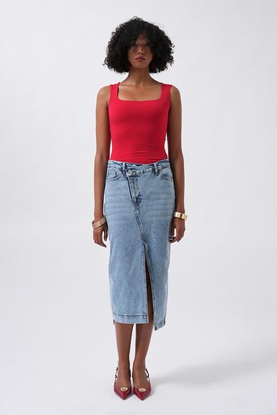 Black Fashion Fusta Midi Albastru Deschis Denim cu Detaliu Slit