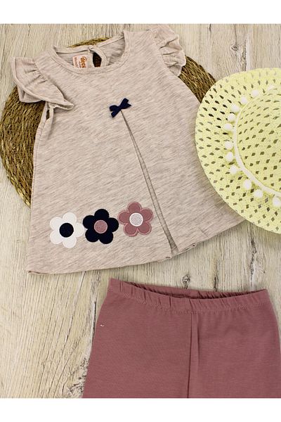 EYMİRGİYİM Straw Hat Flower Embroidered Baby Girl Children's Short Sleeve 3-Piece Set 9-12Months, 12-18Months, 1-2Years, 2-3Years