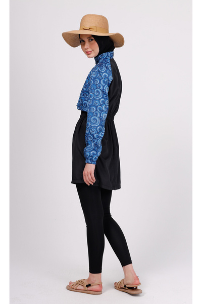 GAVLİA Σετ χιτζάμπ Niva με μπλε σπιράλ σχέδιο: Μπλούζα + Κολάν + Τσάντα, 3 τεμάχια με κολάν