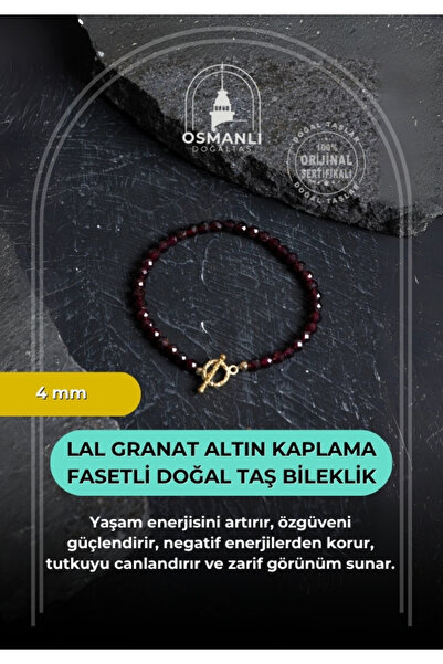 OSMANLI DOĞAL TAŞ Sertifikalı Lal Granat Altın Kaplama Fasetli Doğal Taş Bile...