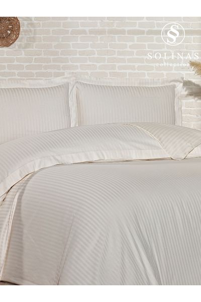 Solinas Collection Natura Striped Cream 100% Cotton Satin Double Duvet Cover Set