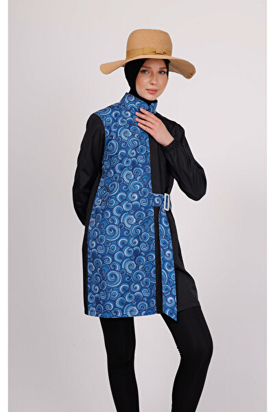 GAVLİA طقم ملابس سباحة حجاب حلزوني أزرق من جونو (توب + طماق + حقيبة) – طقم مك...