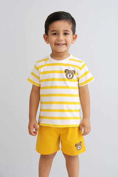 e-çocuk Boy's Striped Teddy Bear Shorts Suit - 1104