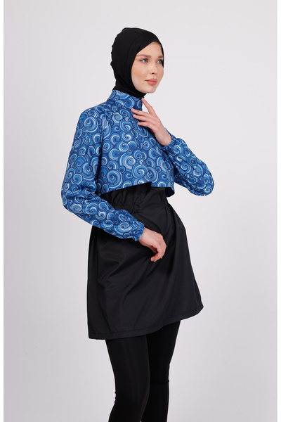 GAVLİA Niva Blue Spiral Patterned Hijab Swimsuit Set – Set of 4 with Tights (Boneli)