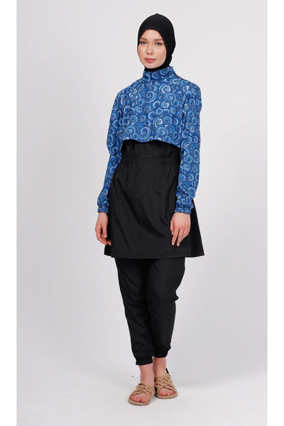 GAVLİA Σετ μαγιό Niva με μπλε σπιράλ σχέδιο – Σετ 4 τεμαχίων με παντελόνι αλεξίπτωτο (ΜΕ ΜΠΟΝΕΛ)