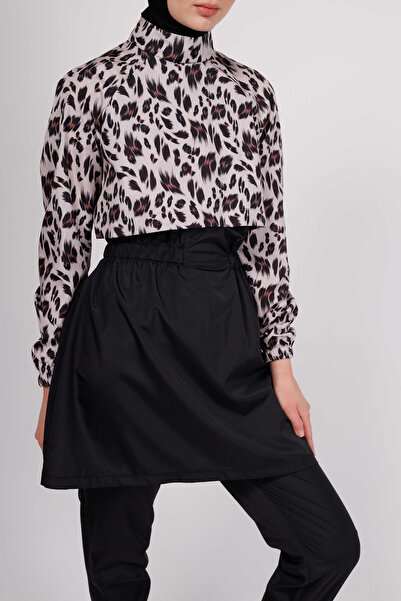 GAVLİA Niva Leopar Desenli Tesettür Mayo Takımı (ÜST PANTOLON ÇANTA) – 3’lü Paraşüt Pantolonlu Set