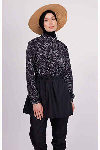 GAVLİA Sore Black and White Wave Hijab Swimsuit Top (Single) - Bag Gift