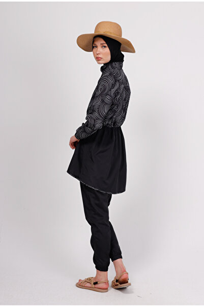 GAVLİA Runa Siyah Beyaz Dalga Tesettür Mayo Üstü (TEKLİ) - Çanta Hediye