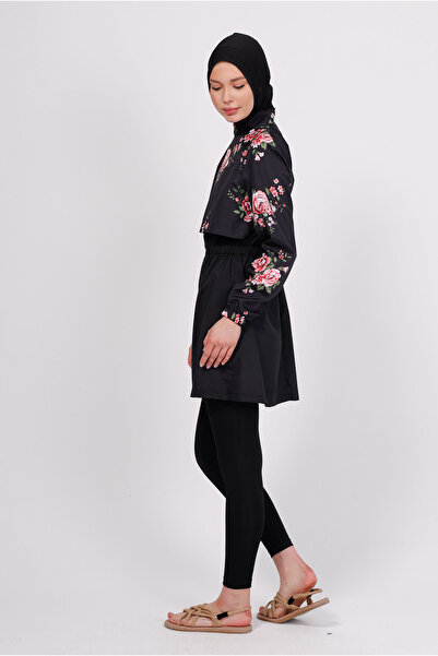 GAVLİA Niva Floral Patterned Hijab Swimsuit Set – Set of 4 with Tights (Boneli)