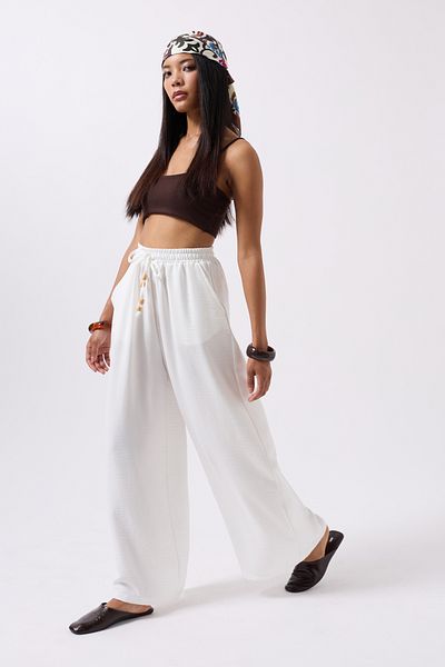 Black Fashion Ecru Trousers - Elastic Waist and Tie Detail