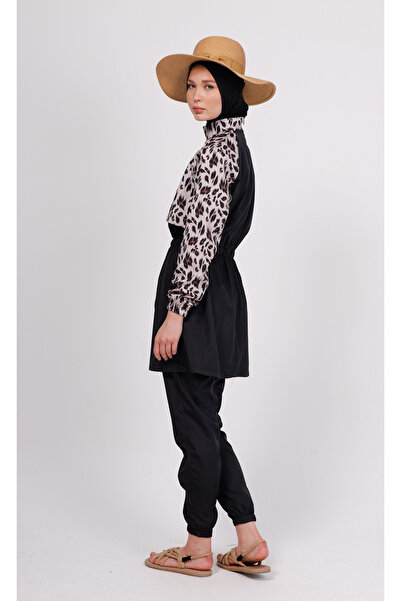 GAVLİA Niva Leopar Desenli Tesettür Mayo Takımı (ÜST PANTOLON ÇANTA) – 3’lü Paraşüt Pantolonlu Set