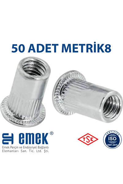EMEK PERÇİN Yuvarlak (SİLİNDİR) Geniş Kafa (FLANŞLI) Çelik Somun Perçin M8 Metrik 8 - 50 Adet
