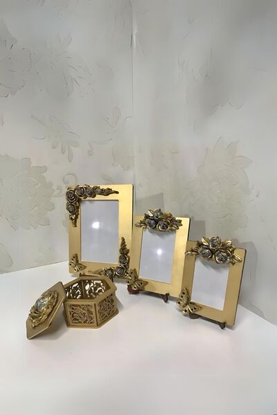 AYDİZAYN Polyester Photo Frames and Candy Holder with Rose and Butterfly Motifs