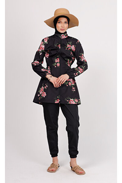 GAVLİA Nuu Çiçek Desenli Tesettür Mayo Takımı (Üst + Pantolon + Çanta) – 3’lü Paraşüt Pantolonlu Set