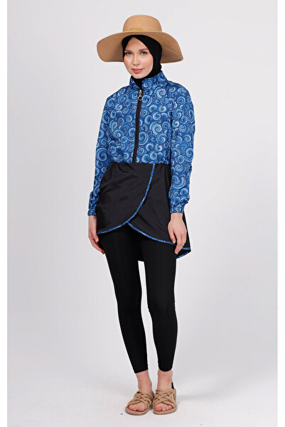 GAVLİA Σετ μαγιό Runa Blue Spiral Hijab (Τοπ + Κολάν + Τσάντα) – Σετ 3 τεμαχίων με κολάν