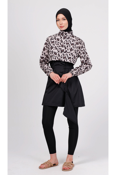 GAVLİA Niva Leopard Patterned Hijab Swimsuit Set – Set of 4 with Tights (Boneli)