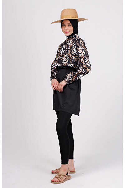 GAVLİA Niva Chain Patterned Hijab Swimsuit Set (Top + Leggings + Bag) – Set of 3 with Leggings