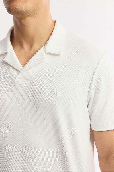 Avva Tricou alb pentru bărbați, cu croiala normală, cu guler apaj, cu dungi transversale, jacquard A51y1145
