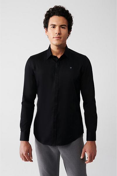 Avva Pánská černá Slim Fit 100% bavlna klasická saténová košile s klopou B002002