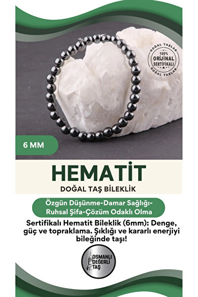 OSMANLI DEĞERLİ TAŞ Sertifikalı Hematit Doğal Taş Bileklik 6 Mm - B822
