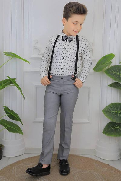 Riccotarz Boy's Patterned Shirt, Bow Tie and Suspender Gray Trousers Top and Bottom Set