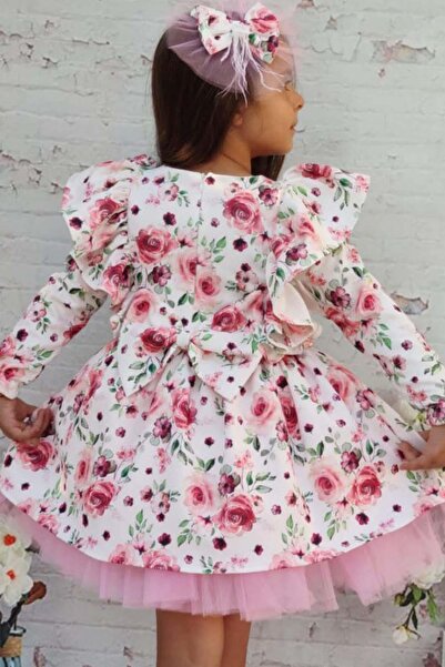 Riccotarz Girl's Floral Printed Ruffled Shoulder Tulle White Dress