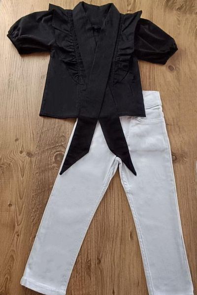 Riccotarz Girl's Black Bottom and Top Set with Ruffle Collar and Tie Detail
