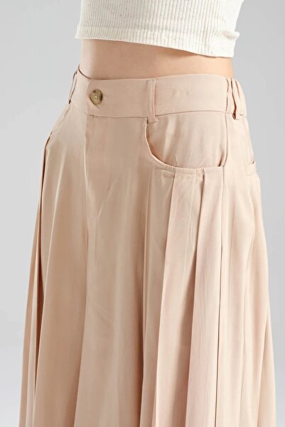 tw3 Women's Pleated Detailed Elastic Waist Design Wide Leg Trousers