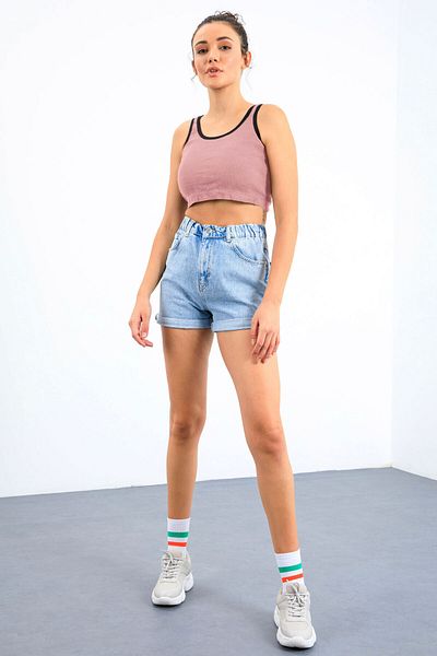 TOMMY LIFE Tricou Crop Top pentru femei Powder Basic, cu mâneci zero, cu decolteu în U - 97162