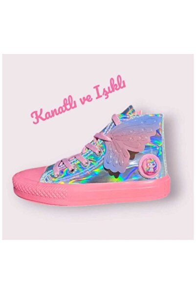 bhk desing Özel tasarım kanatlı ve ışık detaylı pembe taban hologram kız çocuk spor ayakkabı sneaker