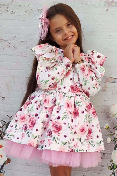 Riccotarz Girl's Floral Printed Ruffled Shoulder Tulle White Dress