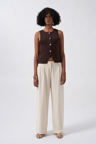Black Fashion Double Pleated Wide Leg Beige Trousers