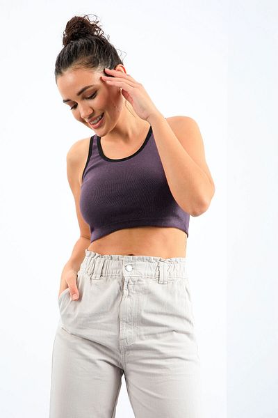 TOMMY LIFE Violet deschis, de bază, cu mâneci zero, cu decolteu în U, pentru femei, crop top - 97162