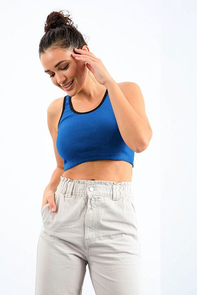 TOMMY LIFE Turcoaz Basic cu mânecă zero, cu decolteu în U, pentru femei, crop top - 97162