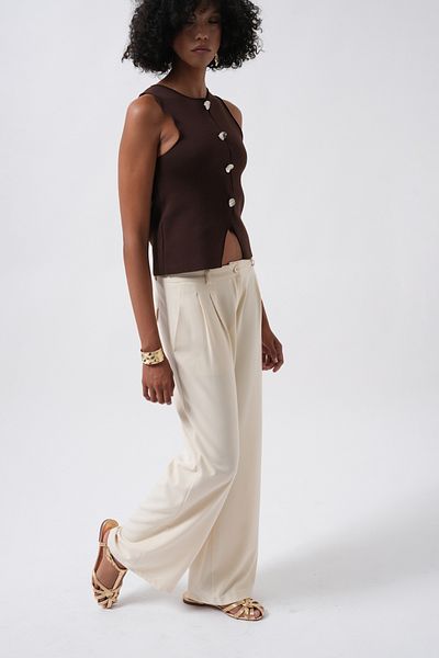 Black Fashion Double Pleated Wide Leg Beige Trousers