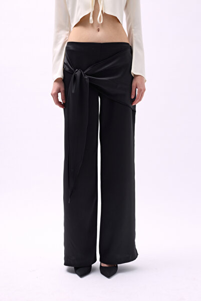 Black Fashion Önden Bağlamalı Siyah Saten Pantolon