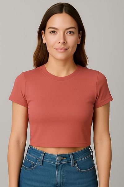Seamoda Crew Neck Short Sleeve Crop Rib Tshirt Tile