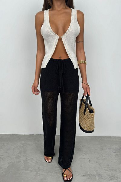 Black Fashion Black Knitted Trousers - Tunnel Detailed