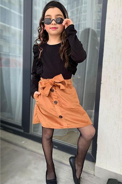 Riccotarz Girl's New Black Velvet Skirt Suit with Ruffles and Double Pockets and Button Detail on the Front