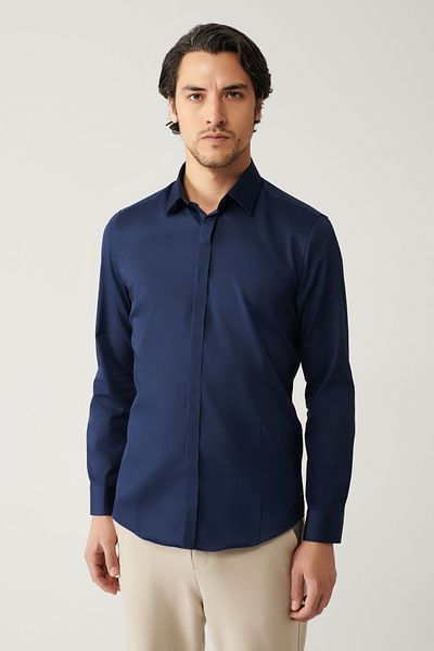 Avva Férfi sötétkék Slim Fit 100% pamut klasszikus galléros szatén ing B002002