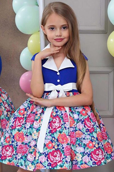 Riccotarz Girl's Shirt Collar Floral Printed Blue Dress